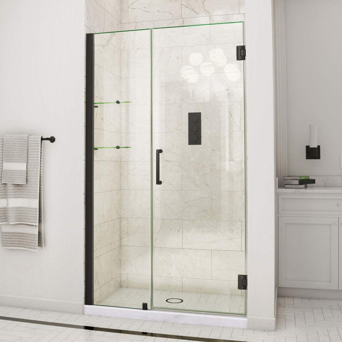 Unidoor Frameless Hinged Shower Door with Stationary Panel and Glass Shelves with 18 inch inline panel in Satin Black, installed in a bathroom