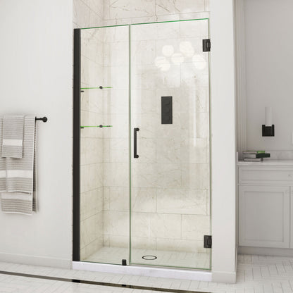 Unidoor Frameless Hinged Shower Door with Stationary Panel and Glass Shelves with 18 inch inline panel in Satin Black, installed in a bathroom