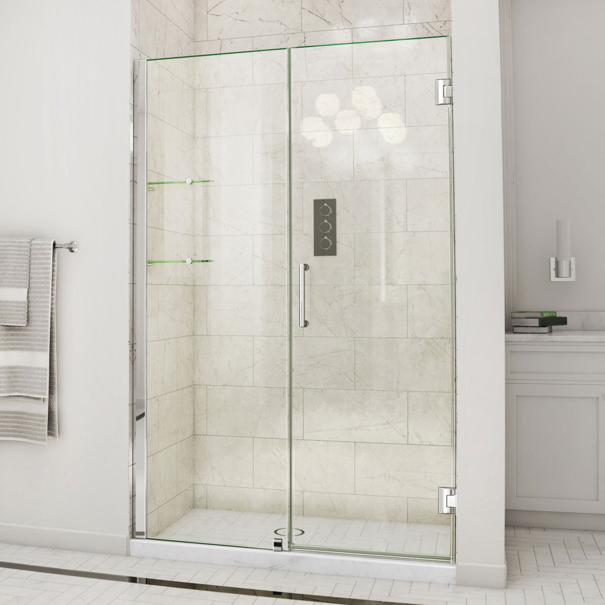 Unidoor Frameless Hinged Shower Door with Stationary Panel and Glass Shelves with 24 inch inline panel in Polished Chrome, installed in a bathroom