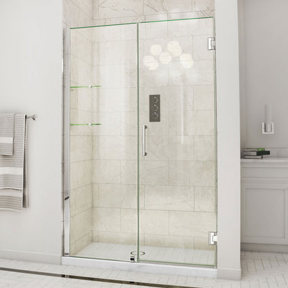 Unidoor Frameless Hinged Shower Door with Stationary Panel and Glass Shelves with 24 inch inline panel in Polished Chrome, installed in a bathroom
