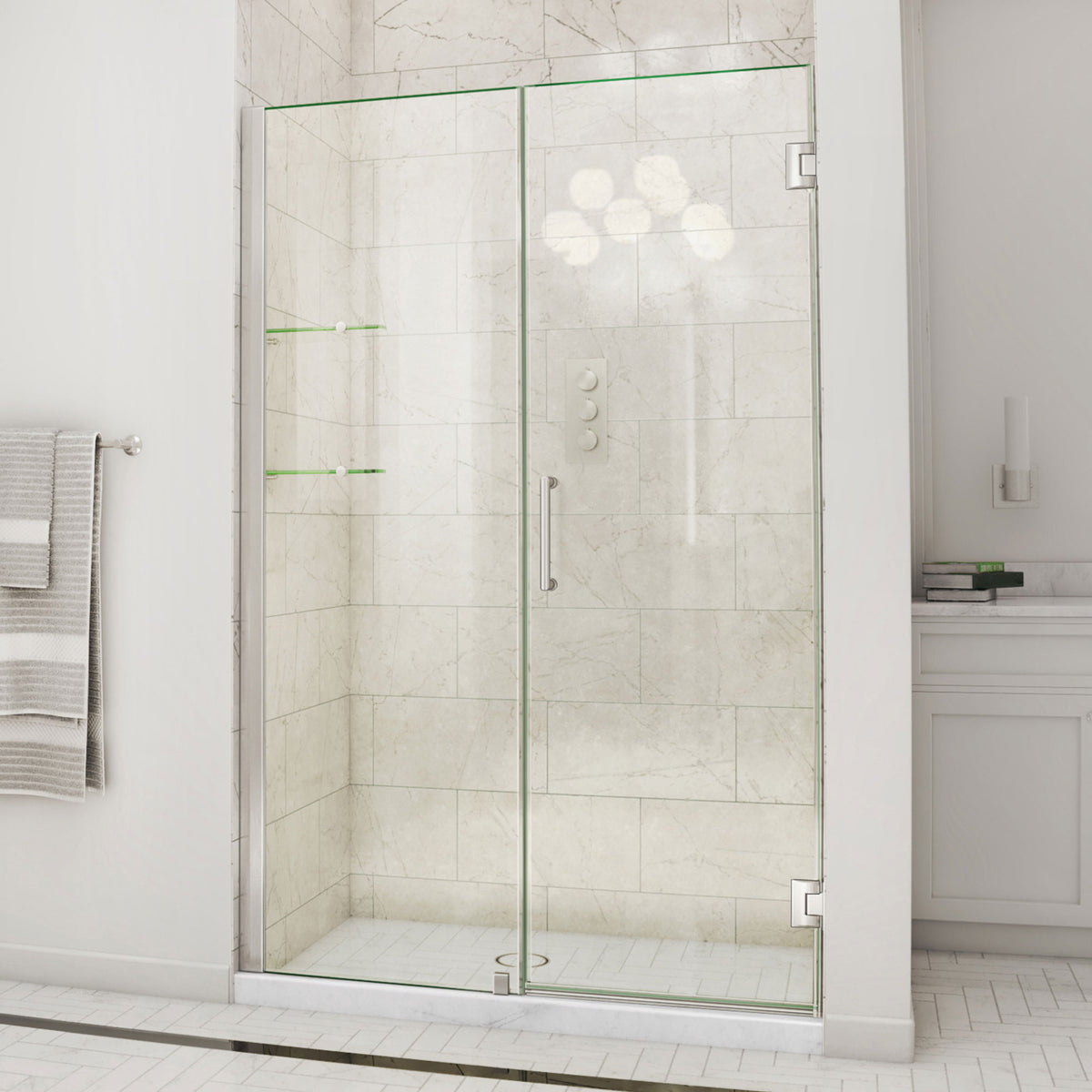 Unidoor Frameless Hinged Shower Door with Stationary Panel and Glass Shelves with 24 inch inline panel in Brushed Nickel, installed in a bathroom