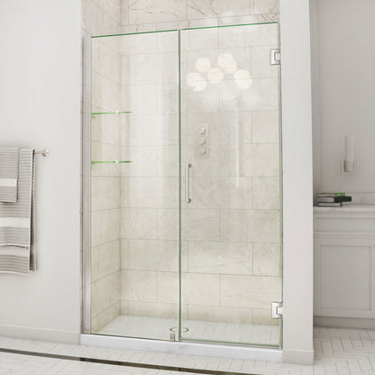 Unidoor Frameless Hinged Shower Door with Stationary Panel and Glass Shelves with 24 inch inline panel in Brushed Nickel, installed in a bathroom