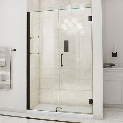 Unidoor Frameless Hinged Shower Door with Stationary Panel and Glass Shelves with 24 inch inline panel in Satin Black, installed in a bathroom