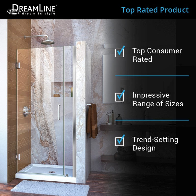 Unidoor Frameless Hinged Shower Door with Support Arm for 18" Stationary Panel
