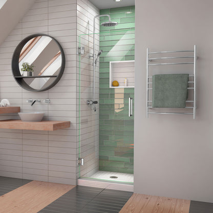 Unidoor-LS Frameless Hinged Shower Door in Polished Chrome, installed in a bathroom
