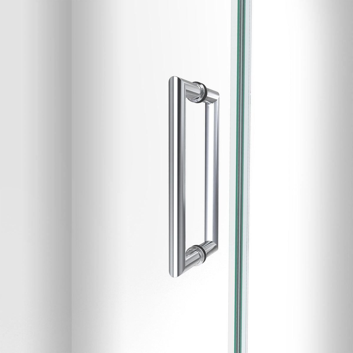Door handle detail on the Unidoor-LS Frameless Hinged Shower Door in Polished Chrome