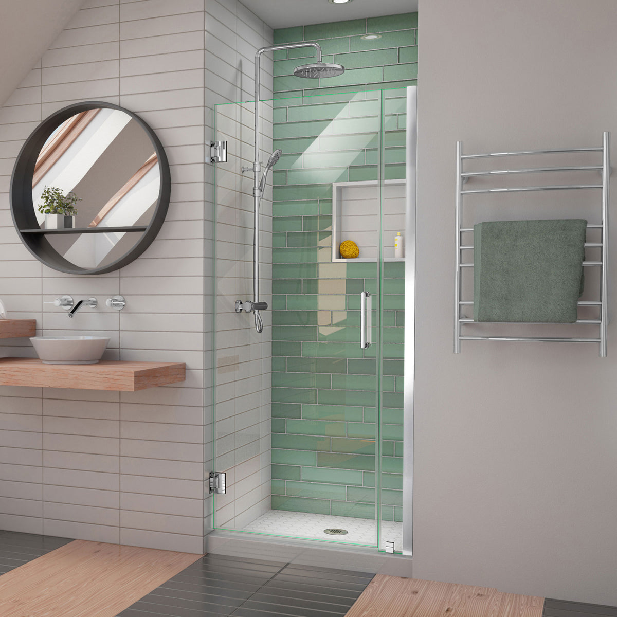 Unidoor-LS Frameless Hinged Shower Door with 6 inch Stationary Panel in Polished Chrome, installed in a bathroom
