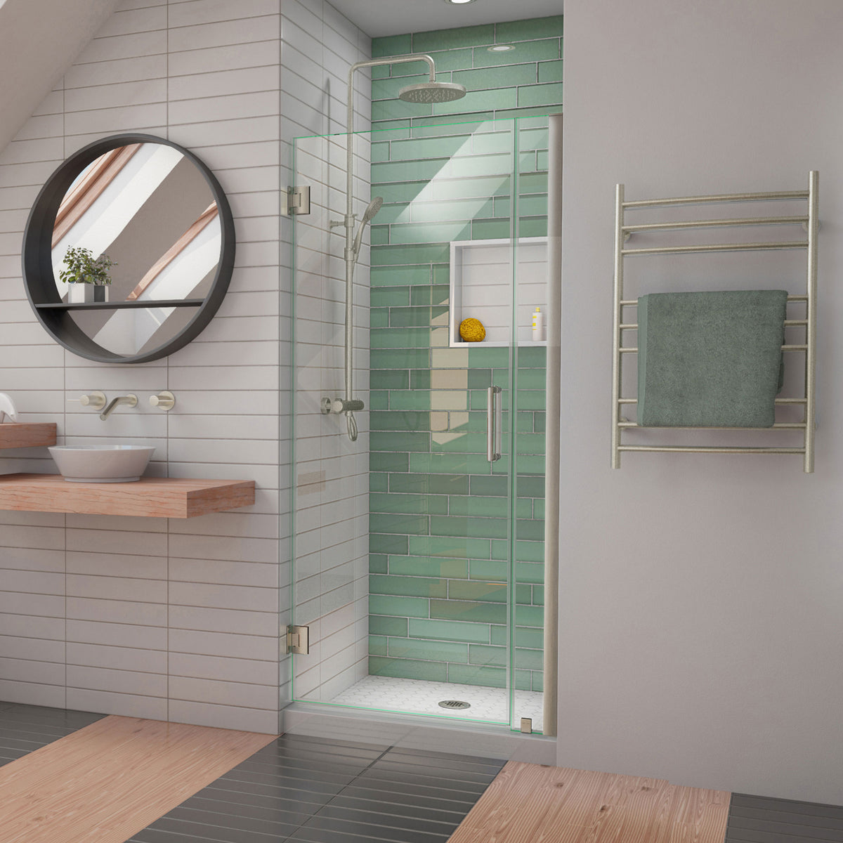 Unidoor-LS Frameless Hinged Shower Door with 6 inch Stationary Panel in Brushed Nickel, installed in a bathroom