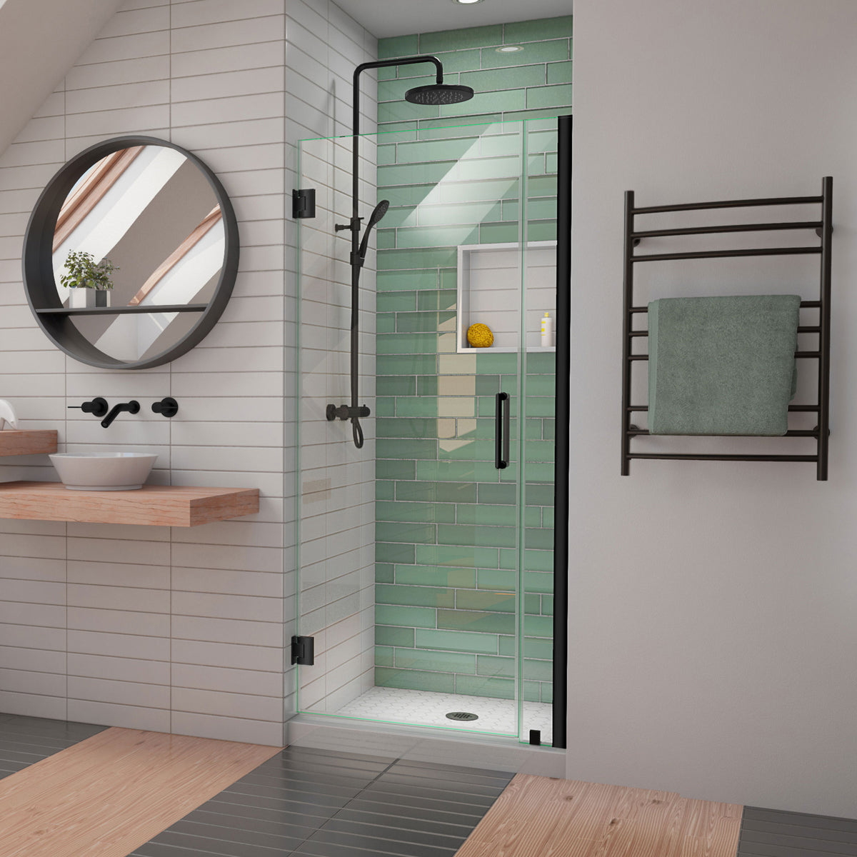 Unidoor-LS Frameless Hinged Shower Door with 6 inch Stationary Panel in Satin Black, installed in a bathroom