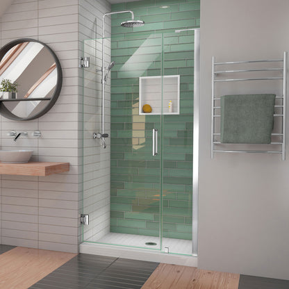 Unidoor-LS Frameless Hinged Shower Door with L-Bar for 12 inch Stationary Panel in Polished Chrome, installed in a bathroom