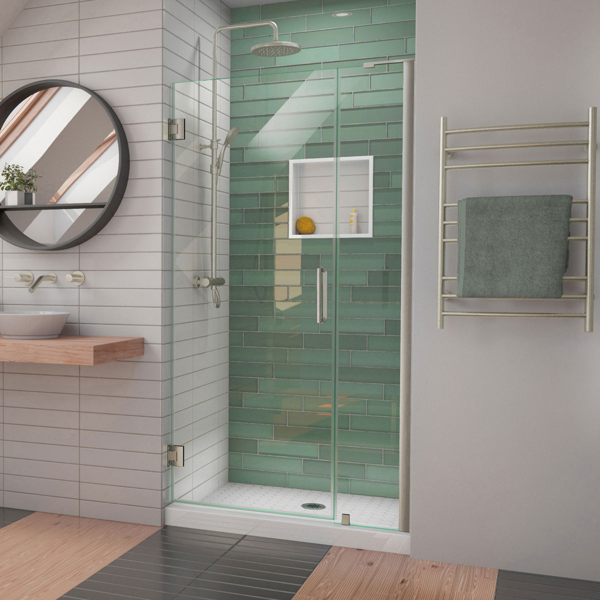 Unidoor-LS Frameless Hinged Shower Door with L-Bar for 12 inch Stationary Panel in Brushed Nickel, installed in a bathroom
