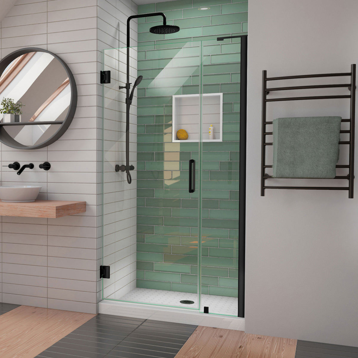 Unidoor-LS Frameless Hinged Shower Door with L-Bar for 12 inch Stationary Panel in Satin Black, installed in a bathroom