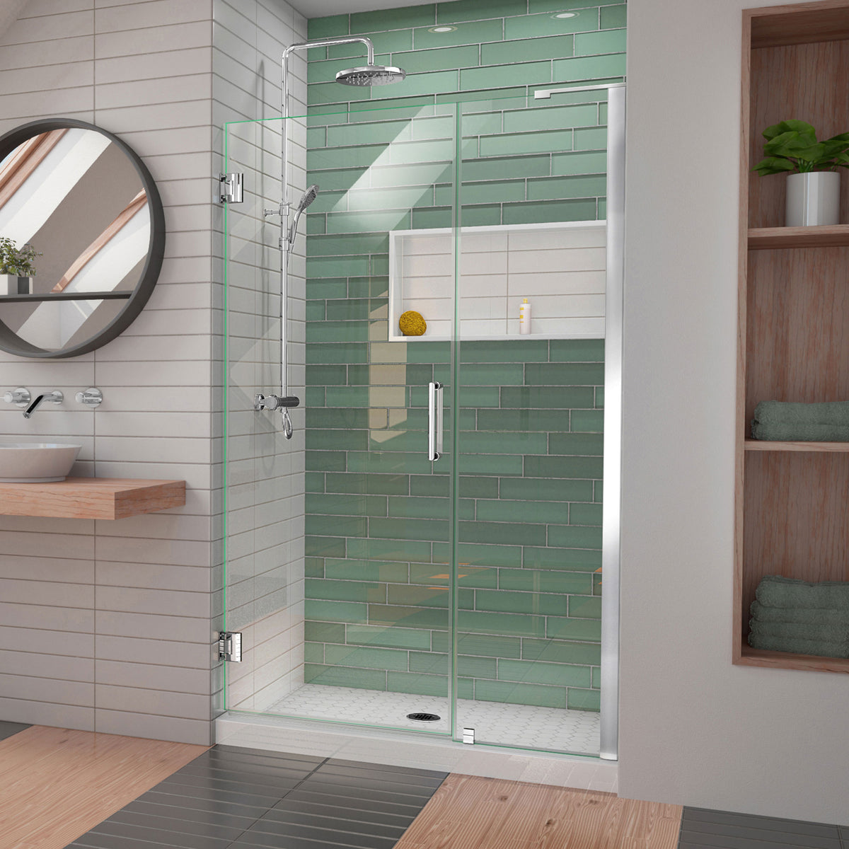 Unidoor-LS Frameless Hinged Shower Door with L-Bar for 18 inch Stationary Panel in Polished Chrome, installed in a bathroom