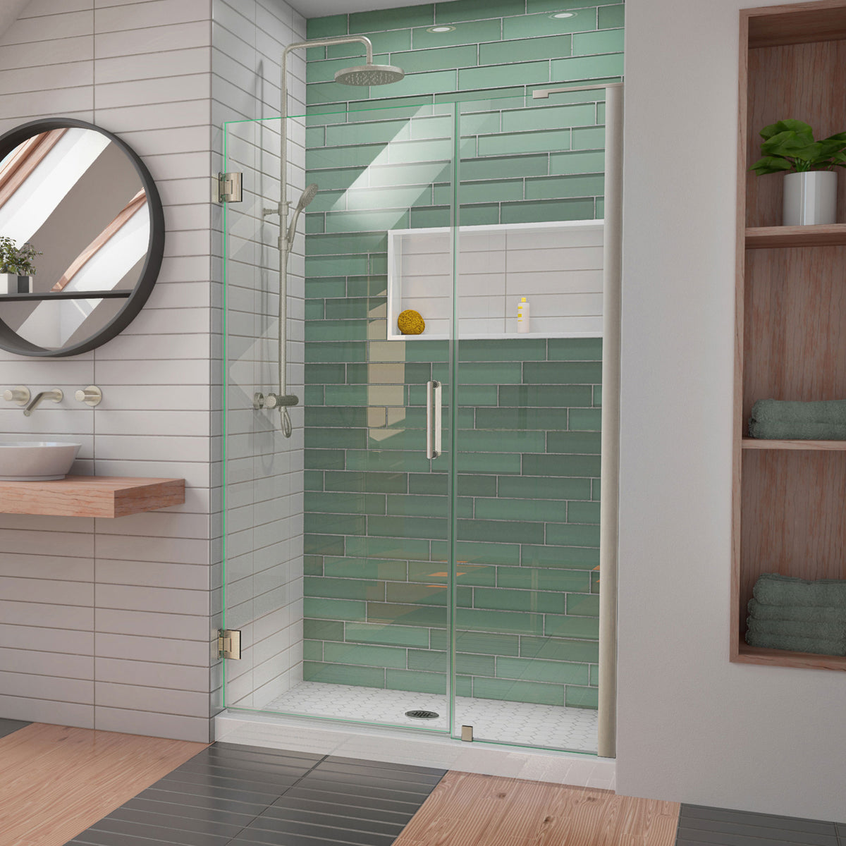 Unidoor-LS Frameless Hinged Shower Door with L-Bar for 18 inch Stationary Panel in Brushed Nickel, installed in a bathroom
