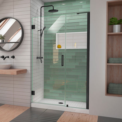Unidoor-LS Frameless Hinged Shower Door with L-Bar for 18 inch Stationary Panel in Satin Black, installed in a bathroom