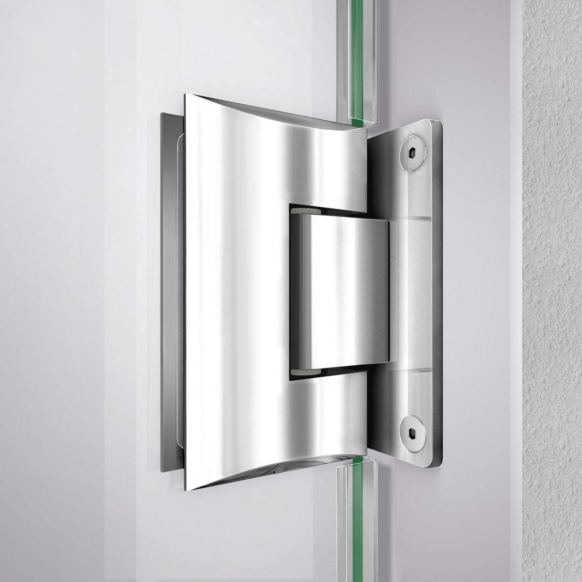 Solid brass wall to glass hinge on the Unidoor-LS Frameless Hinged Shower Door with L-Bar for 18 inch Stationary Panel in Polished Chrome