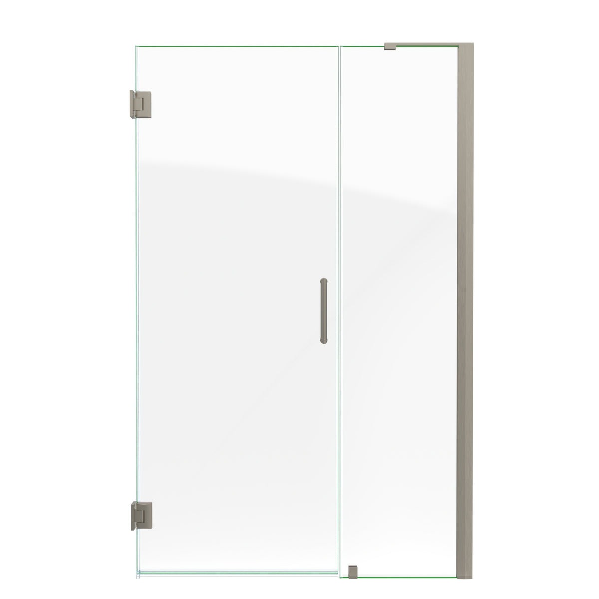Unidoor-LS Frameless Hinged Shower Door with L-Bar for 18 inch Stationary Panel in Brushed Nickel on a white background