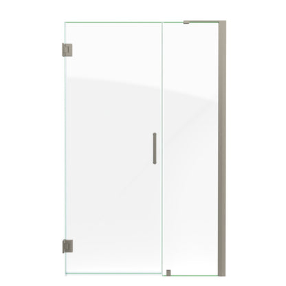 Unidoor-LS Frameless Hinged Shower Door with L-Bar for 18 inch Stationary Panel in Brushed Nickel on a white background