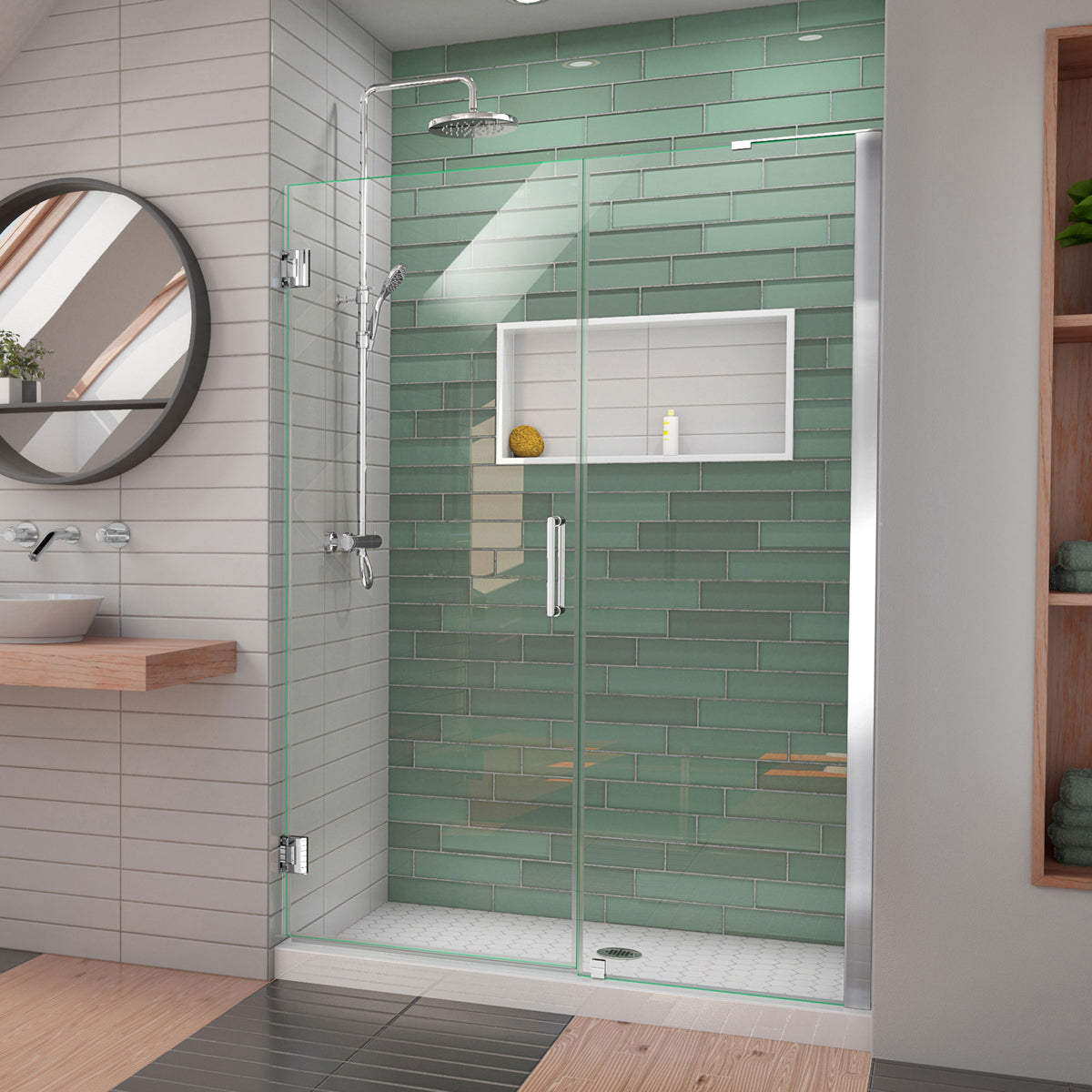 Unidoor-LS Frameless Hinged Shower Door with L-Bar for 24 inch Stationary Panel in Polished Chrome, installed in a bathroom