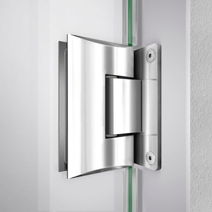 Solid brass wall to glass hinge on the Unidoor-LS Frameless Hinged Shower Door with L-Bar for 24 inch Stationary Panel in Polished Chrome