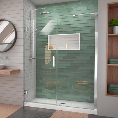 Unidoor-LS Frameless Hinged Shower Door with L-Bar for 30 inch Stationary Panel in Polished Chrome, installed in a bathroom