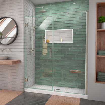 Unidoor-LS Frameless Hinged Shower Door with L-Bar for 30 inch Stationary Panel in Brushed Nickel, installed in a bathroom