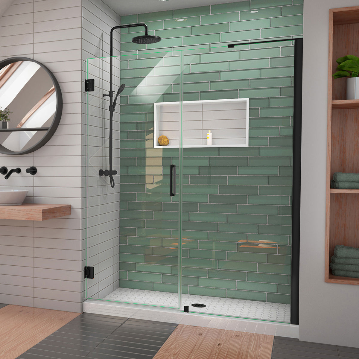 Unidoor-LS Frameless Hinged Shower Door with L-Bar for 30 inch Stationary Panel in Satin Black, installed in a bathroom