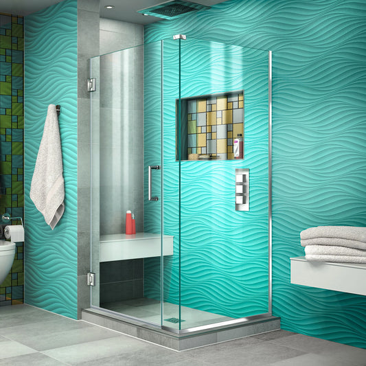 Unidoor Plus Frameless Hinged Shower Door with 30" Return Panel for Corner Enclosure (29"W to 40"W)