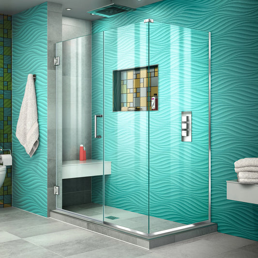 Unidoor Plus Frameless Hinged Shower Door with 30" Return Panel for Corner Enclosure (50"W to 61"W)