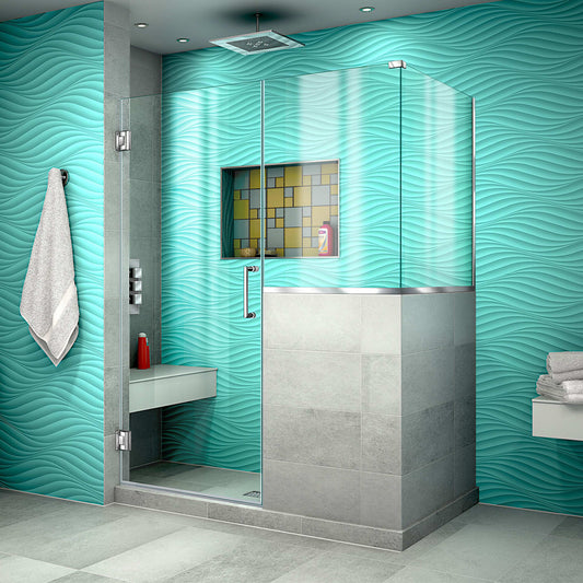 Unidoor Plus Frameless Hinged Shower Door with 34"H Stationary Half Panel for Pony Wall Corner Enclosure