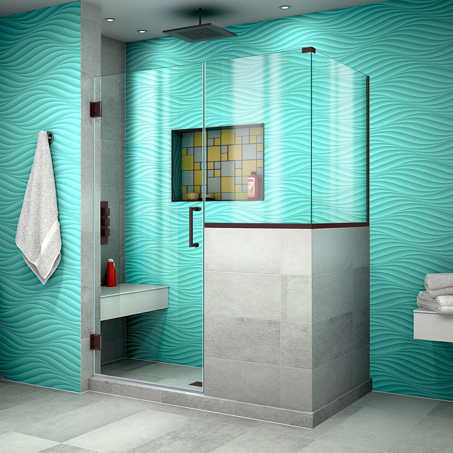 Unidoor Plus Frameless Hinged Shower Door with 34"H Stationary Half Panel for Pony Wall Corner Enclosure