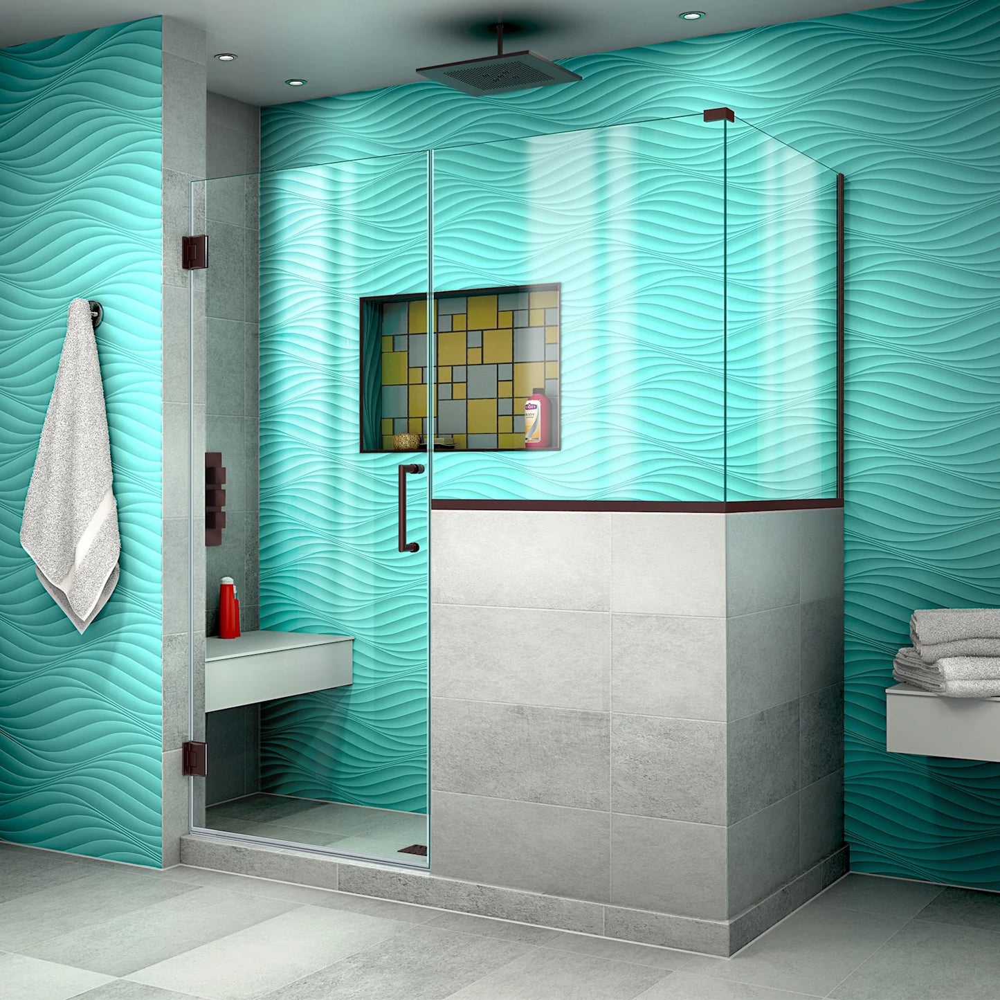 Unidoor Plus Frameless Hinged Shower Door with 34"H Stationary Half Panel for Pony Wall Corner Enclosure