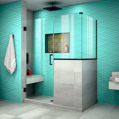 Unidoor Plus Frameless Hinged Shower Door with 34"H Stationary Half Panel for Pony Wall Corner Enclosure