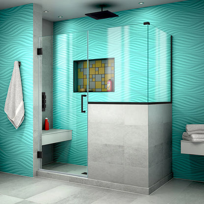 Unidoor Plus Frameless Hinged Shower Door with 34"H Stationary Half Panel for Pony Wall Corner Enclosure