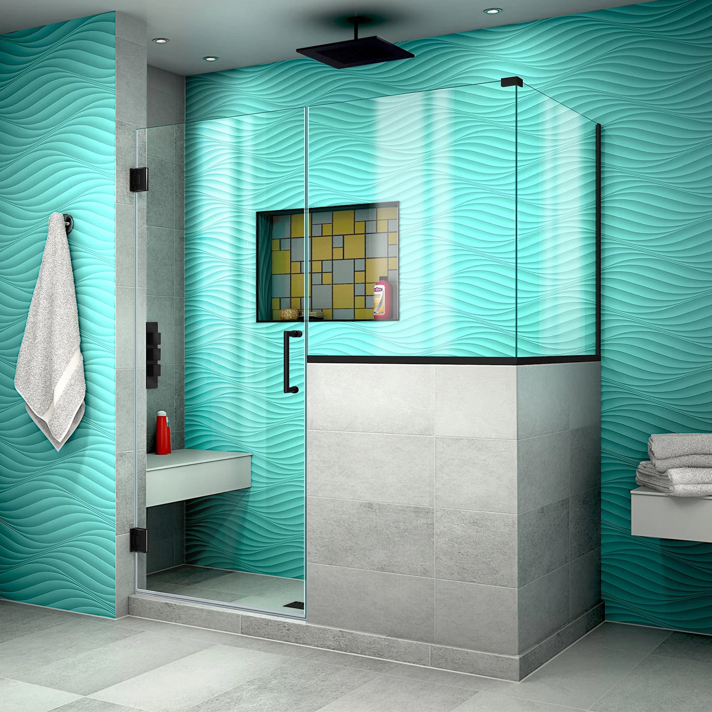 Unidoor Plus Frameless Hinged Shower Door with 34"H Stationary Half Panel for Pony Wall Corner Enclosure