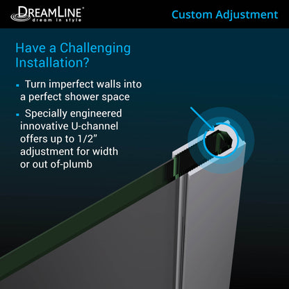 Wall profile adjustment for uneven walls on the Unidoor Plus Frameless Hinged Shower Door with 34 inch high Stationary Half Panel for Pony Wall