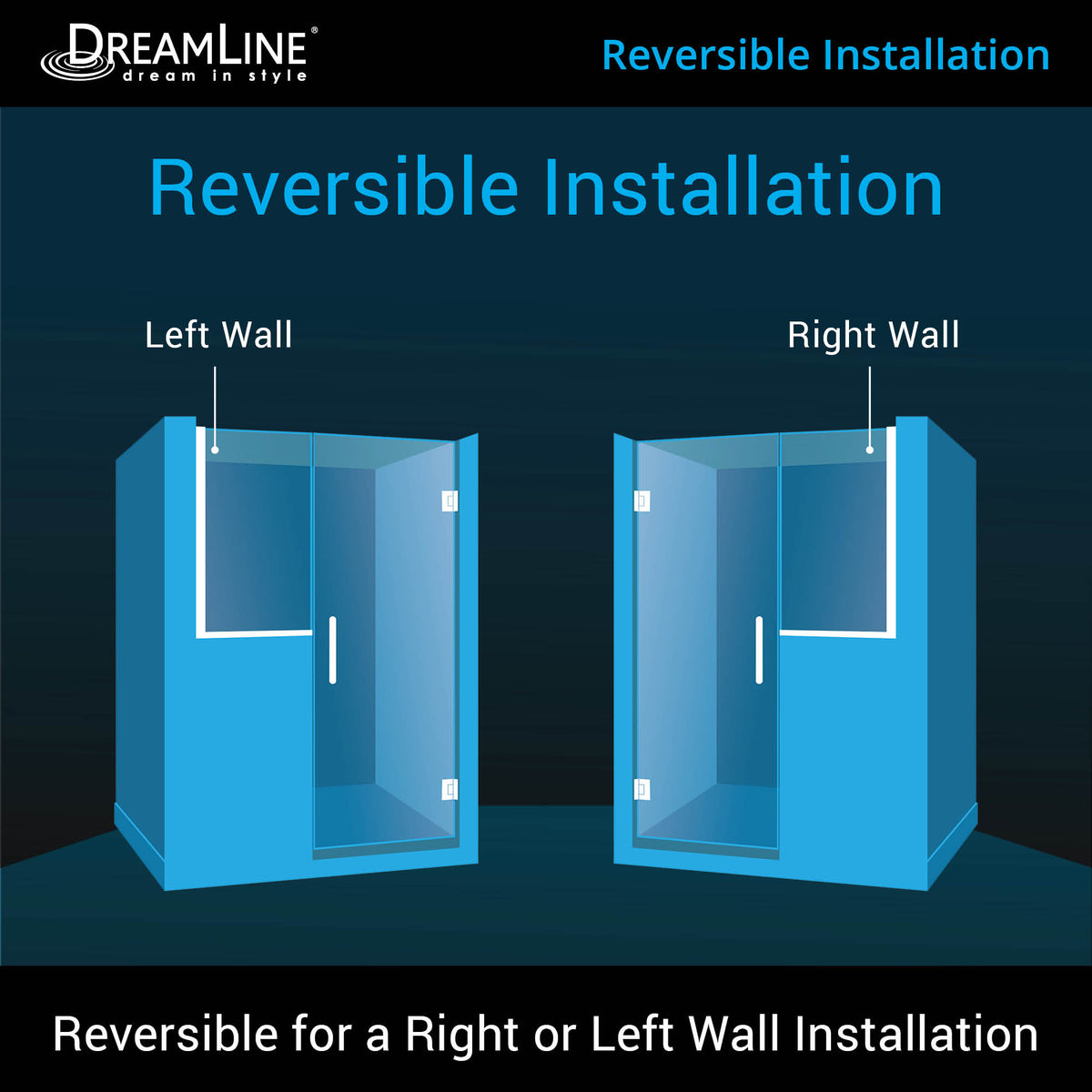 Reversible left or right installation of the Unidoor Plus Frameless Hinged Shower Door with 34 inch high Stationary Half Panel for Pony Wall