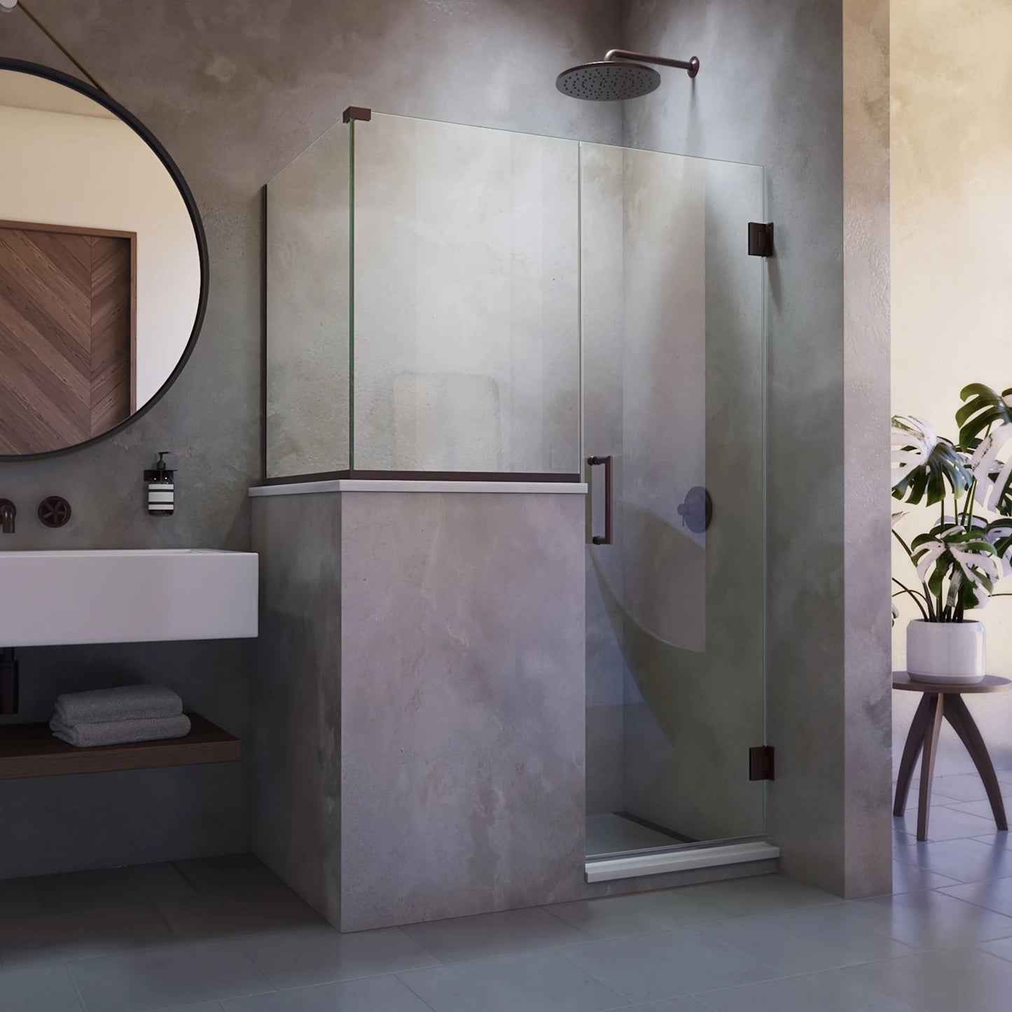 Unidoor Plus Frameless Hinged Shower Door with 36"H Stationary Half Panel for Pony Wall Corner Enclosure