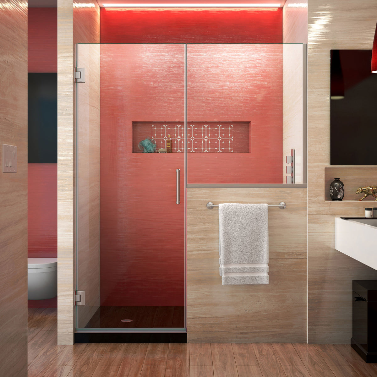 Unidoor Plus Frameless Hinged Shower Door with 36 inch high Stationary Half Panel for Pony Wall in Brushed Nickel, installed in a bathroom