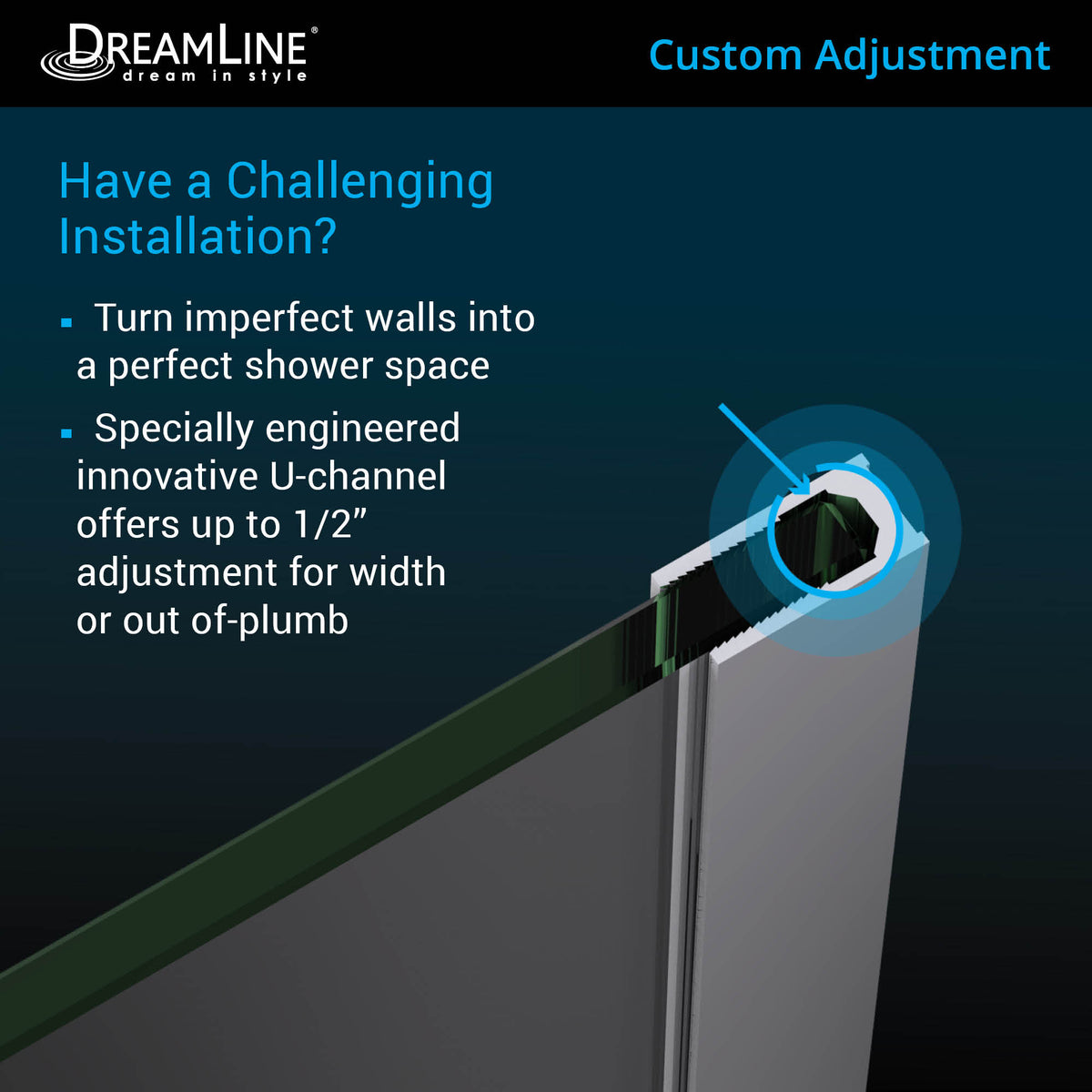 Wall profile adjustment for uneven walls on the Unidoor Plus Frameless Hinged Shower Door with 36 inch high Stationary Half Panel for Pony Wall