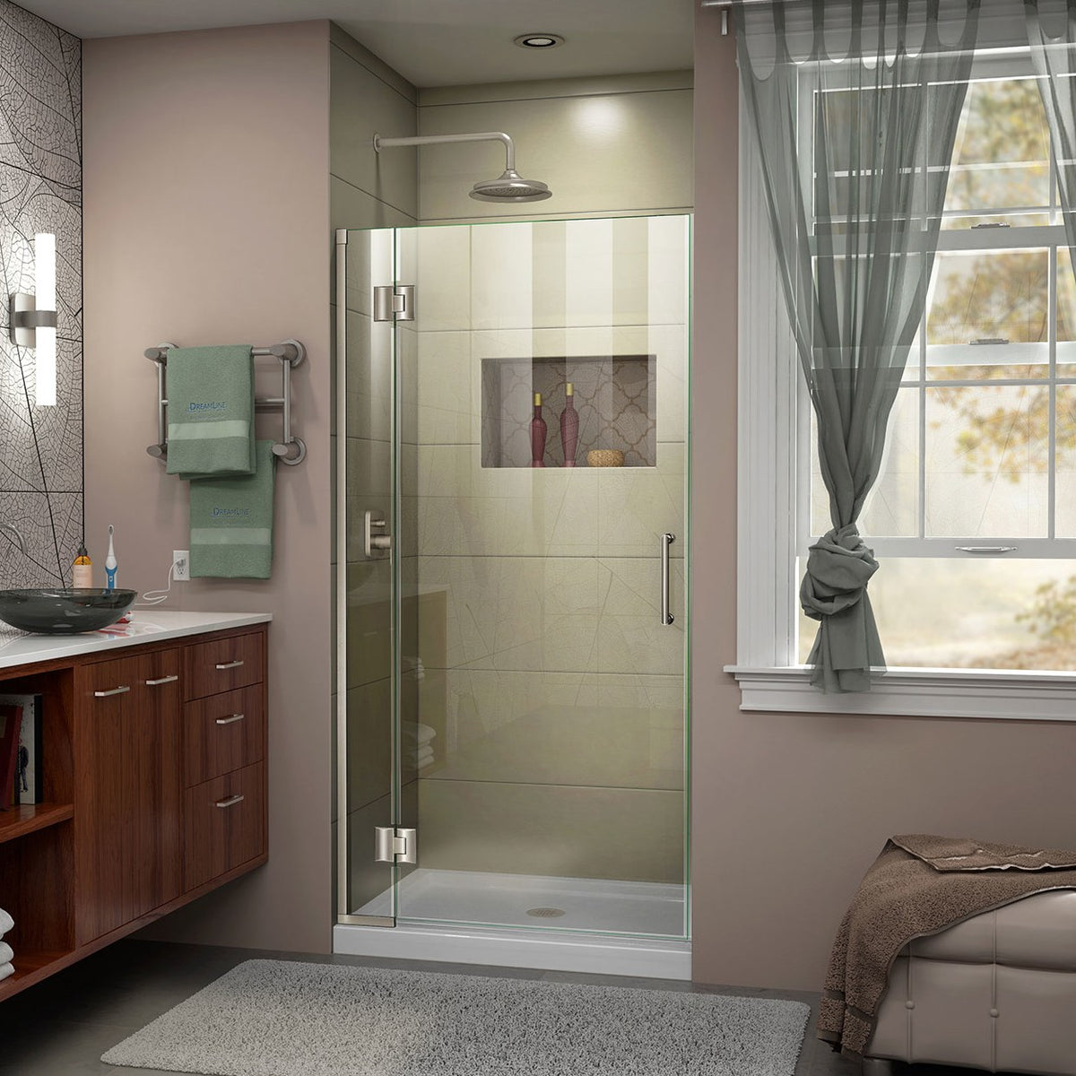 Unidoor-X frameless hinged shower door in Brushed Nickel, 3/8 inch clear tempered glass