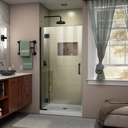 Unidoor-X frameless hinged shower door in Satin Black, 3/8 inch clear tempered glass
