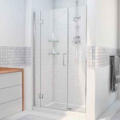 Unidoor-X frameless hinged shower door with 14 inch inline panel in Polished Chrome, 3/8 inch clear tempered glass