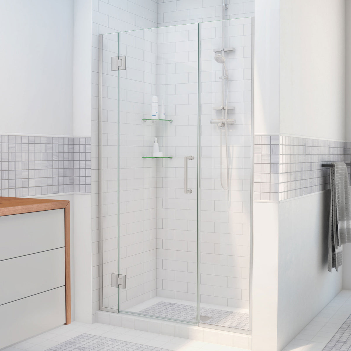 Unidoor-X frameless hinged shower door with 14 inch inline panel in Brushed Nickel, 3/8 inch clear tempered glass