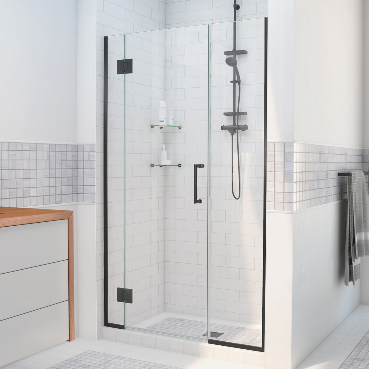 Unidoor-X frameless hinged shower door with 14 inch inline panel in Satin Black, 3/8 inch clear tempered glass