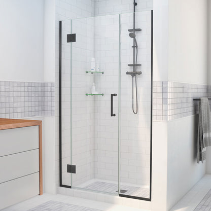 Unidoor-X frameless hinged shower door with 14 inch inline panel in Satin Black, 3/8 inch clear tempered glass