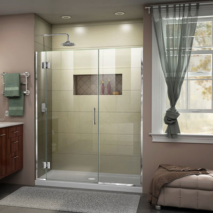 Unidoor-X frameless hinged shower door with 22 inch inline panel in Polished Chrome, 3/8 inch clear tempered glass