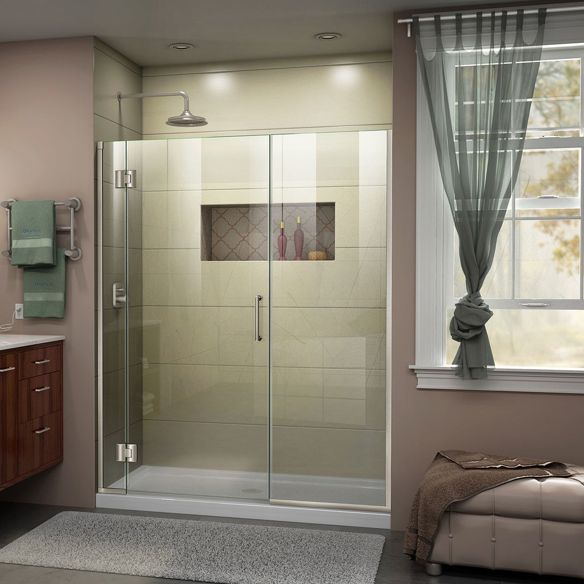 Unidoor-X frameless hinged shower door with 22 inch inline panel in Brushed Nickel, 3/8 inch clear tempered glass