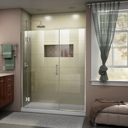 Unidoor-X frameless hinged shower door with 22 inch inline panel in Brushed Nickel, 3/8 inch clear tempered glass