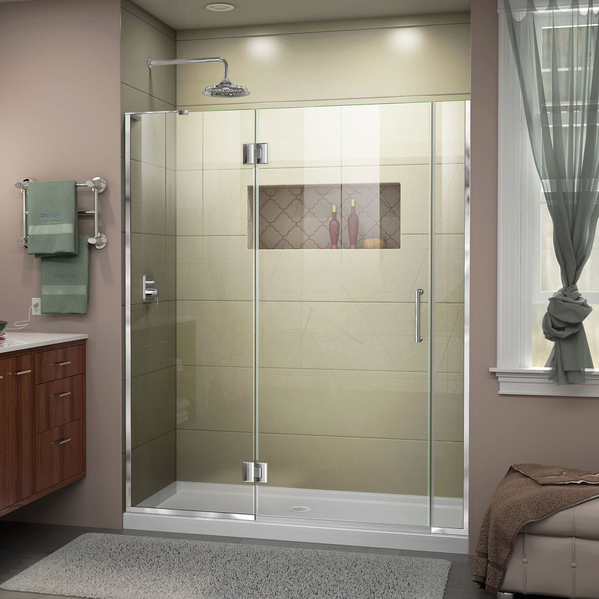 Unidoor-X frameless hinged shower door with 24 inch hinged panel and 6 inch inline panel for left wall installation in Polished Chrome, 3/8 inch clear tempered glass
